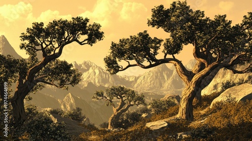 Ancient Gnarled Trees on Mountain Terrain Under Mystical Golden Light