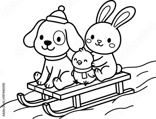 Black and white line art dog chick and bunny riding sled