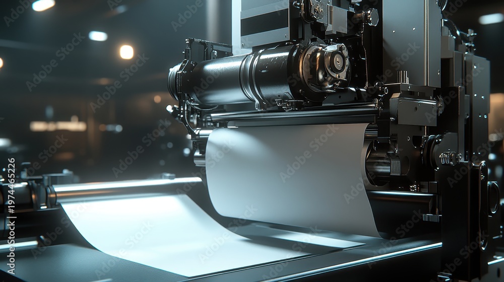 Fototapeta premium Detailed close-up of white paper feeding into a high-tech industrial printing press machine