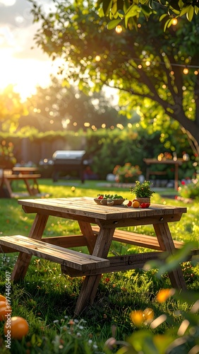 A picturesque backyard scene basks in golden light. A wooden picnic table and grill are central, surrounded by lush greenery