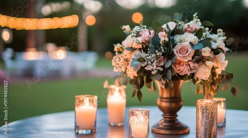 Elegant Garden Wedding Reception with Romantic Floral Centerpiece and Soft Candlelight