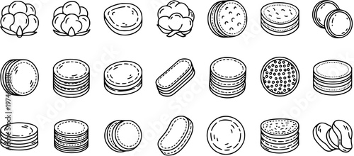 Black and White Line Art Icons of Cotton Pads and Cotton Balls for Beauty and Hygiene
