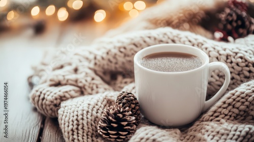 A warm mug of hot chocolate rests on a cozy knit blanket with festive bokeh lights in the background, embodying winter comfort.