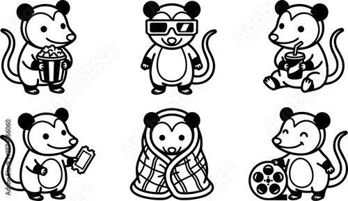 Black and white line art mouse with popcorn glasses drink ticket film reel and blanket