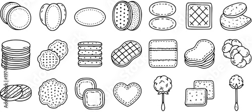 Black and White Line Art Icons of Cotton Pads, Makeup Removers, and Cotton Balls for Beauty and Skincare
