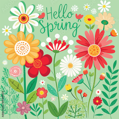 A colorful floral illustration with the words hello spring