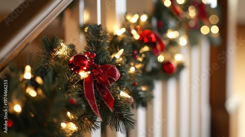 Festive Christmas garland with warm lights and red ribbons adorning a banister, creating a cozy holiday atmosphere.