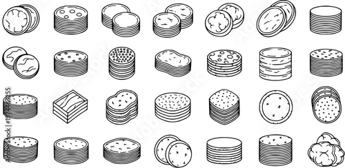 Black and White Line Art Icons of Sliced Food Items, Food Products, and Ingredients