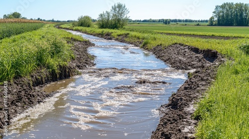 Farm field ditch with agricultural runoff and polluted water flowing through a rural landscape under a clear blue sky