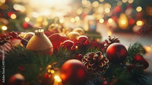 Festive Christmas decorations and ornaments on a holiday table, creating a cozy ambiance with soft, warm lighting.