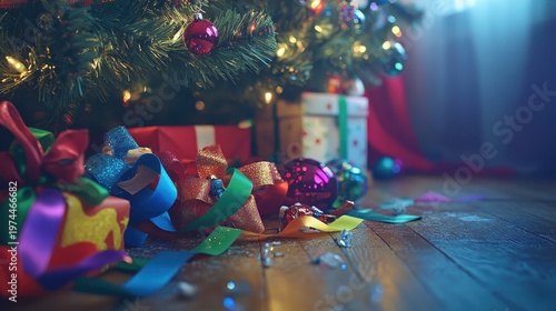 Festive Christmas Tree and Gifts with Colorful Ribbons and Ornaments, Soft Lighting on Wooden Floor