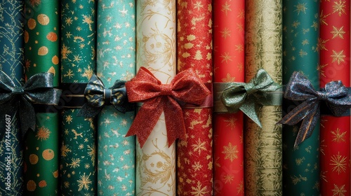 A festive collection of vibrant Christmas wrapping paper rolls adorned with glittery designs and colorful bows