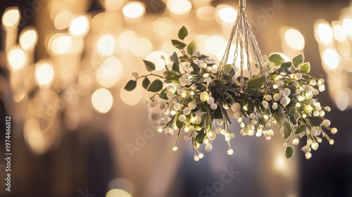 Festive Mistletoe Decoration Hanging from a Chandelier with Soft Bokeh Lights