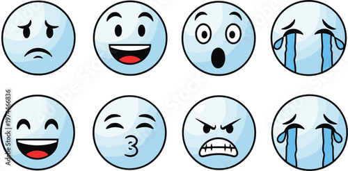 Set of Cute Blue Emoji Faces with Different Emotions Including Happy Sad Crying Angry Surprised Expressions for Chat Apps and Digital Communication