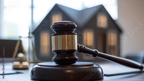 Gavel of Law and House Symbolizing Property Legal Decisions and Real Estate Transactions