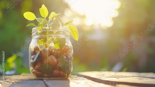 Glass Jar Filled with Seeds and Green Sprouts Bathed in Golden Sunlight Outdoors