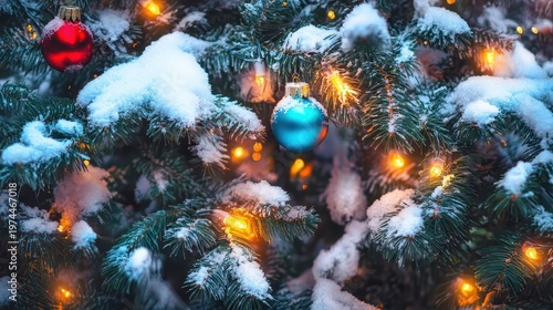 Frosted Christmas Tree Branches Adorned with Blue Ornament and Warm Lights in Snowy Outdoor Setting