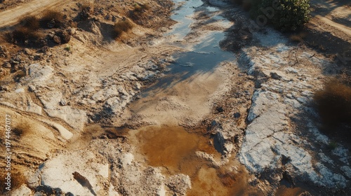 Dry riverbed showcasing severe water scarcity effects with cracked earth and minimal water supply, highlighting environmental drought