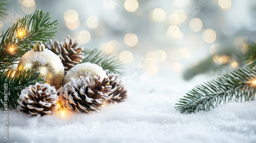 Frosted pinecones and evergreen branches with twinkling lights in soft snow