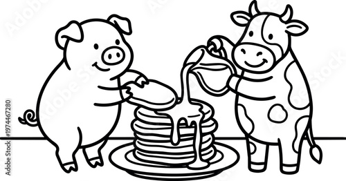 Black and white line art pig and cow pouring syrup on pancakes