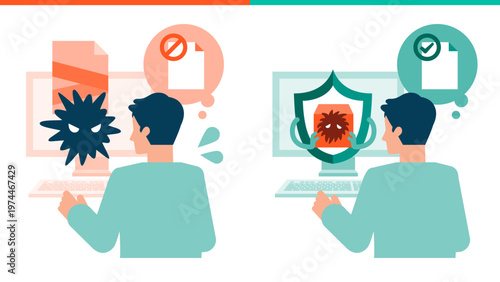 Cyber security disaster recovery and BCP showing man restoring encrypted files from secure backup after ransomware attack for business continuity and data loss prevention solution