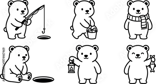 Playful bear characters fishing holding fish bucket lantern and wearing scarf