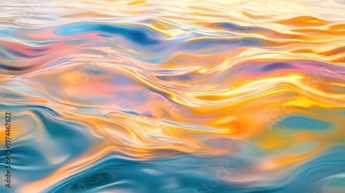 Iridescent oil slick patterns creating vibrant colors on polluted ocean water with soft lighting and horizon