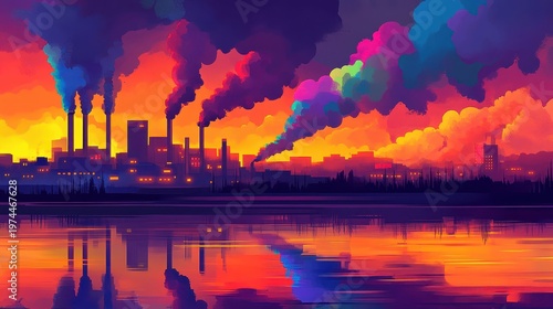 Industrial Factory Emissions Against a Vibrant Sunset Sky with Water Reflections