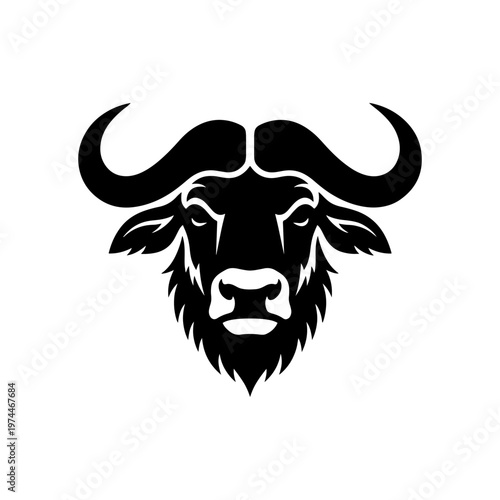 Cape buffalo head vector illustration, black and white african animal logo icon