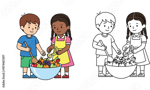 Little Boy and Girl Preparing Healthy Fruit Salad Together Illustration with Line Art Version for Kids Coloring Book Page Educational Activity and Healthy Eating Concept
