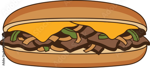 Flat vector illustration of a delicious steak sandwich with grilled meat slices, melted cheese, and fresh greens inside a toasted bun, designed in a clean cartoon style.