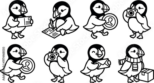 Puffin birds holding mail camera and gift box vector illustration