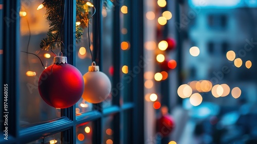 Festive Christmas Window Displays Adorned with Twinkling Lights and Vibrant Ornaments, Evoking Holiday Cheer