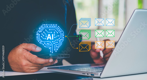 AI email classification system analyzing inbox messages and automatically sorting into categories like spam, priority, and marketing using machine learning interface overlay on laptop workspace