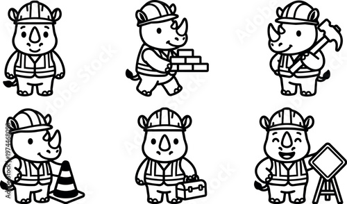 Black and white line art construction rhinoceros in helmet with tools and bricks