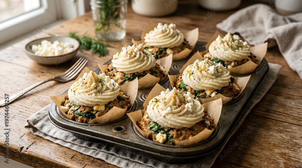 Fototapeta premium Savory Spinach and Feta Muffins with Whipped Cream Cheese Frosting