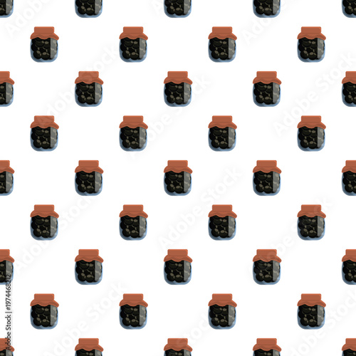 Glass jars displaying black olives preserved for snacking, creating a seamless background pattern