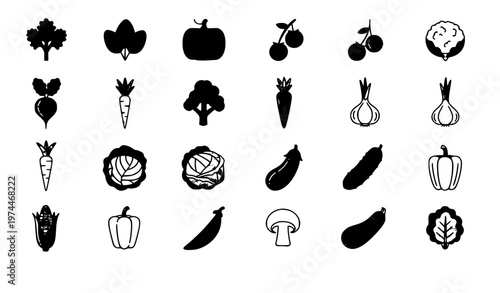 A set of black vegetable icons on a white background