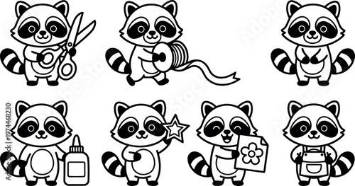 Black and white cute raccoon holding scissors ribbon glue magic wand drawing and wearing apron line art