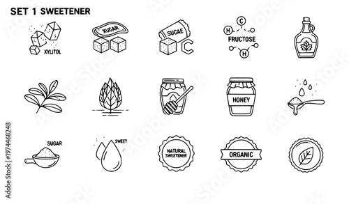 A set of sweetener icons and illustrations in a minimalist line art style