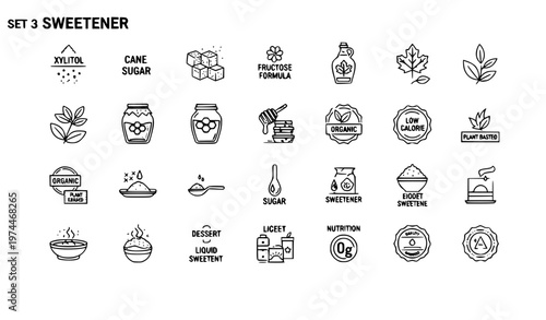 A set of black and white vector icons depicting various sweetener related symbols and labels
