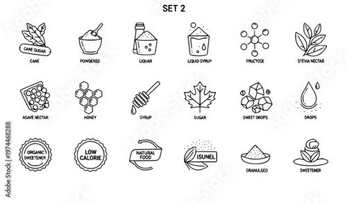 A set of vector icons illustrating various sweetener and sugar types