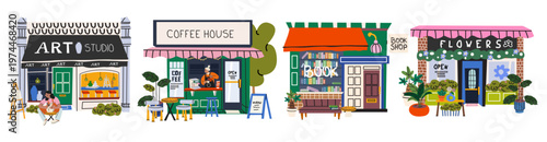 Shop building facades for small business set with showcase windows of art studio, coffee house, bookstore and flower shop. Vector flat illustration