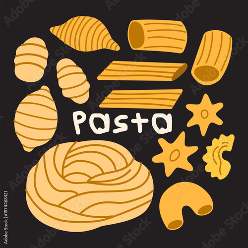 Various types of Italian pasta on dark background. Hand drawn food illustration