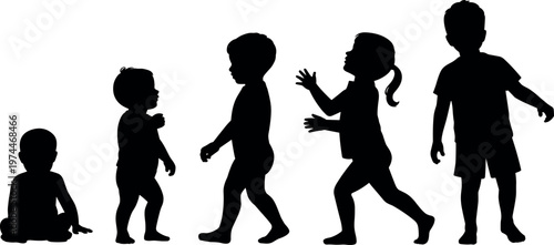 Children growth stages silhouettes from baby to kid walking and playing poses isolated on white background illustration set