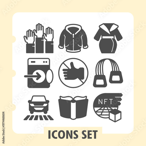 Set of nine modern glyph icons representing voting, household, transport, nft, daily and lifestyle activities concepts. Ideal for web design, presentations and print on white background.