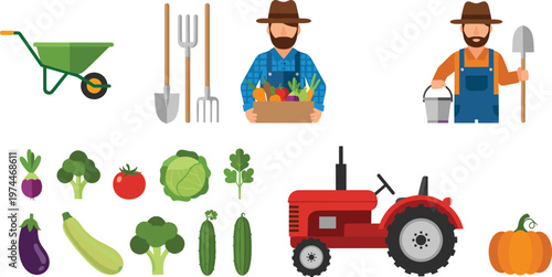Farm and agriculture illustration featuring farmers with tools, wheelbarrow, tractor, vegetables, crops, and gardening equipment representing rural lifestyle, food production, and agricul