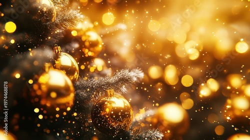 Golden Christmas Tree Decorations with Sparkling Baubles and Twinkling Lights Showing Detailed Textures and Soft Festive Lighting