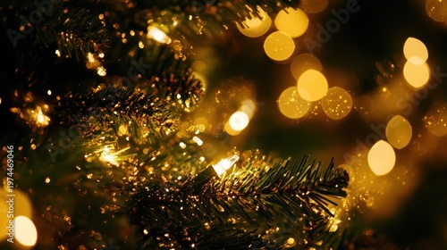 Glistening Christmas Tree Decorations with Warm Lights and Glittering Tinsel Create a Festive Atmosphere