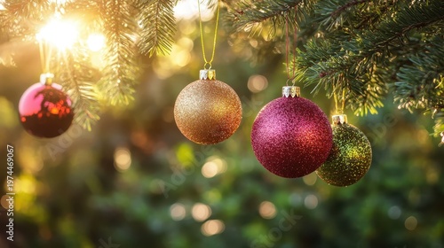 Festive Christmas ornaments with warm tones hanging from pine branches outdoors with sunlight and bokeh